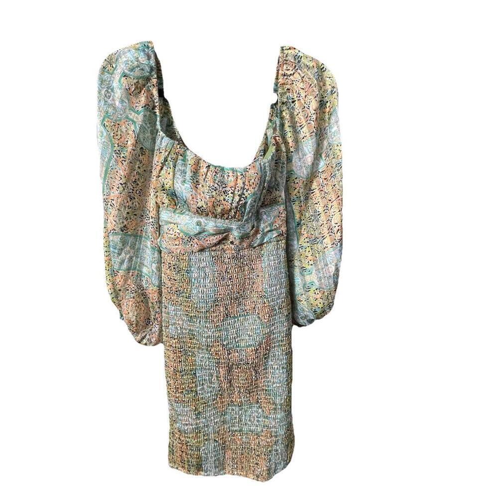 Luxxel Paisley Smocked Mini Dress Peasant Sleeves Square Neckline Back Tie Med
